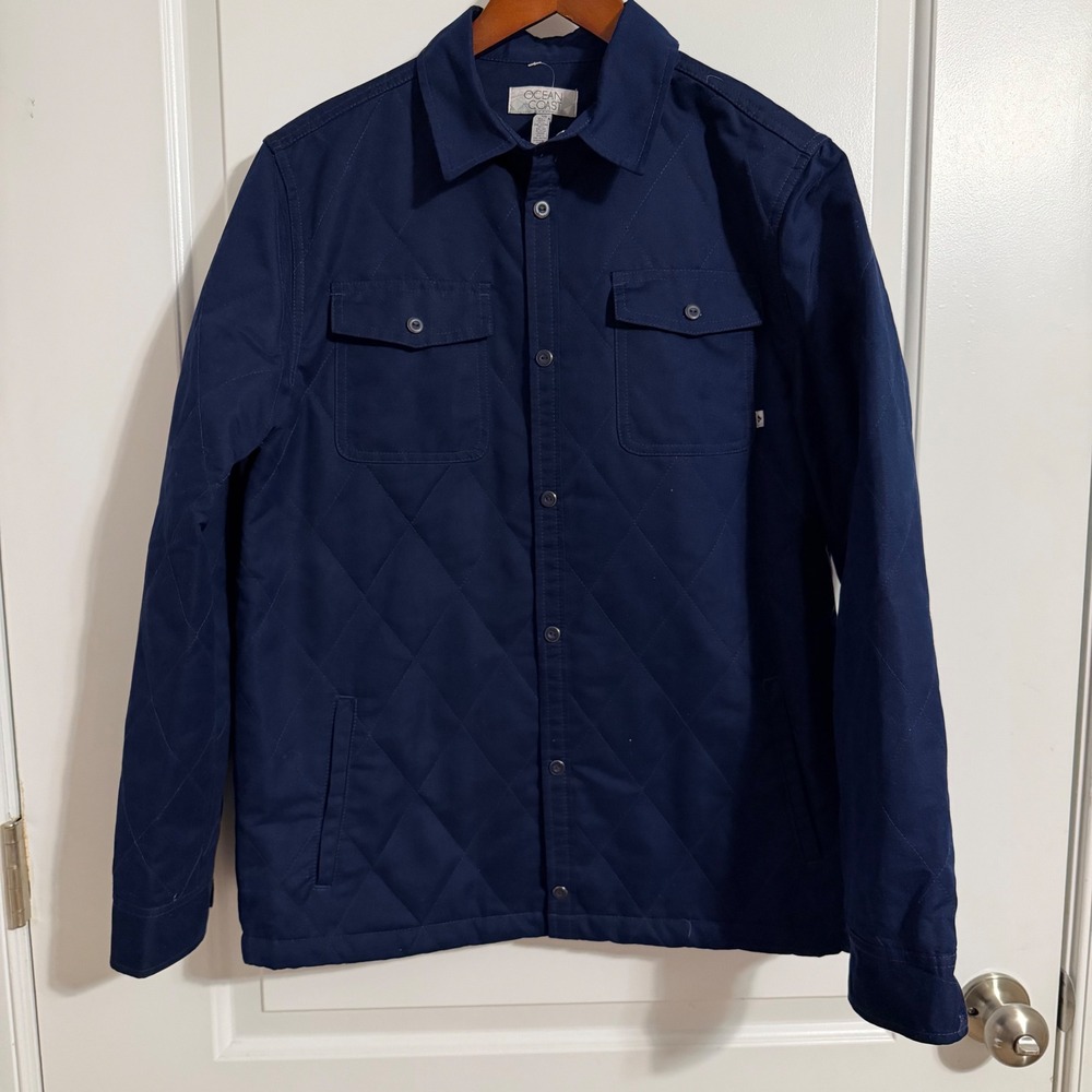 Ocean Coast Mens Navy Blue Quilted Snap Front Shirt Jacket XL Plaid Lined